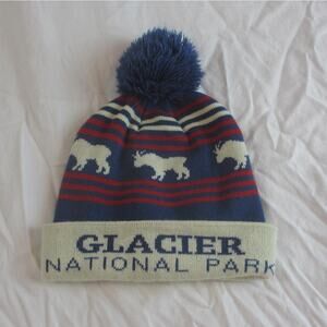 Locale Glacier National Park Beanie/Winter Hat Red/Cream/Blue Fair Isle Cuff/Pom